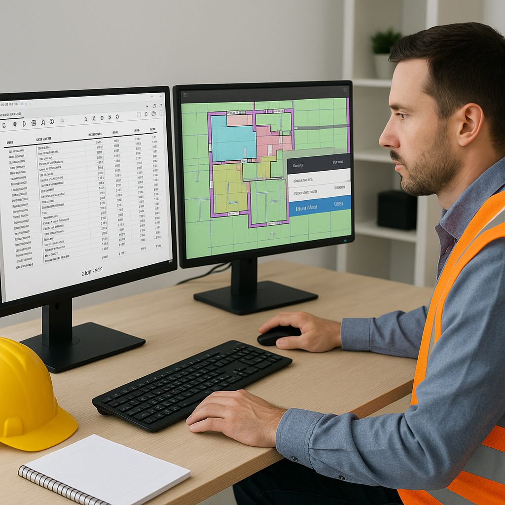 A construction estimator working on dual screens; one screen shows a 2,000-page rate book in PDF, the other displays an...
