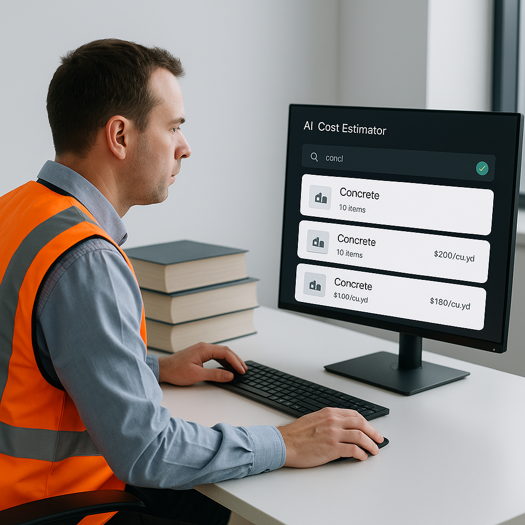 A construction estimator at a desk surrounded by large rate books, while a sleek AI interface on a monitor shows instant...