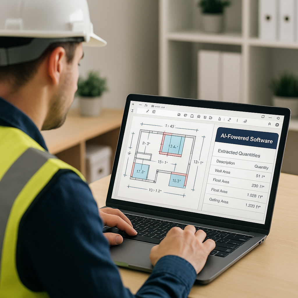 A construction estimator using an AI-powered software on a laptop; the screen displays a PDF drawing with highlighted me...