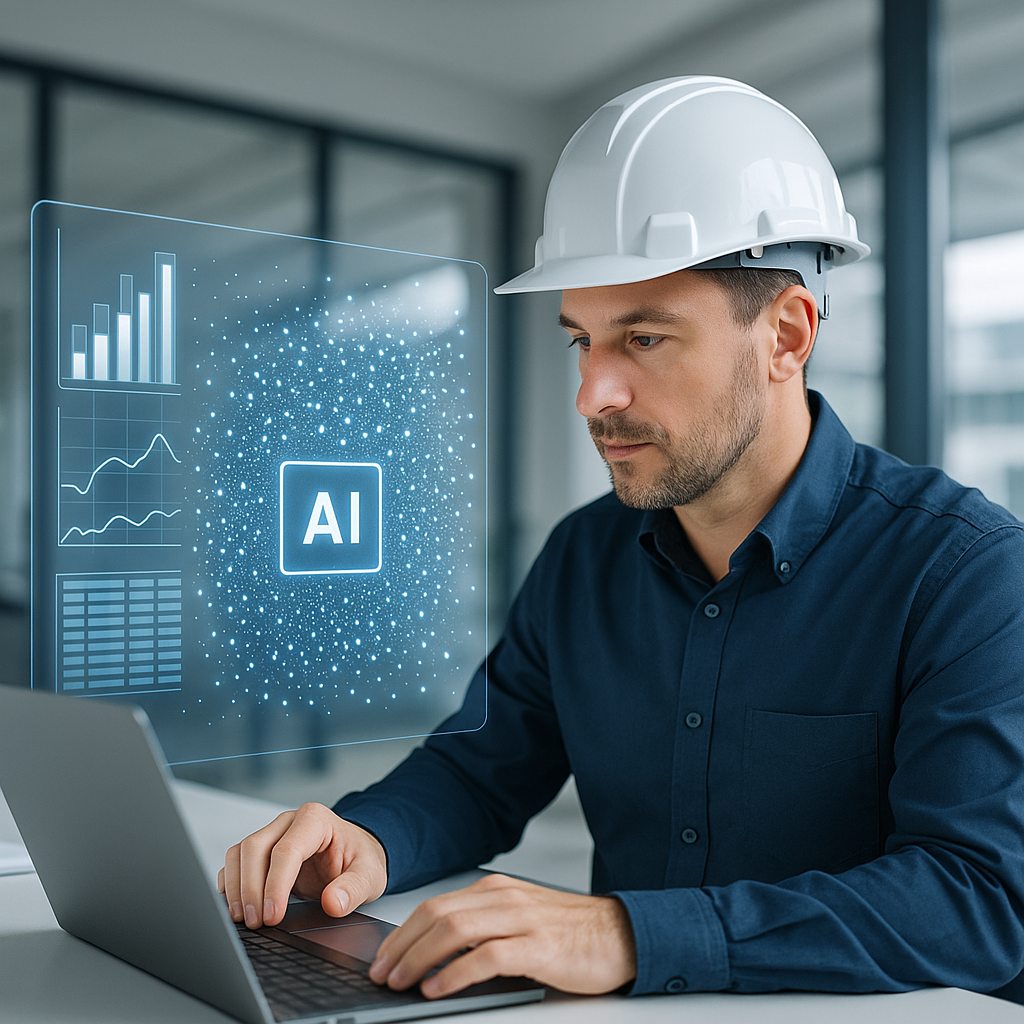 A construction estimator in a hard hat using a futuristic digital platform with AI visuals analyzing thousands of data p...