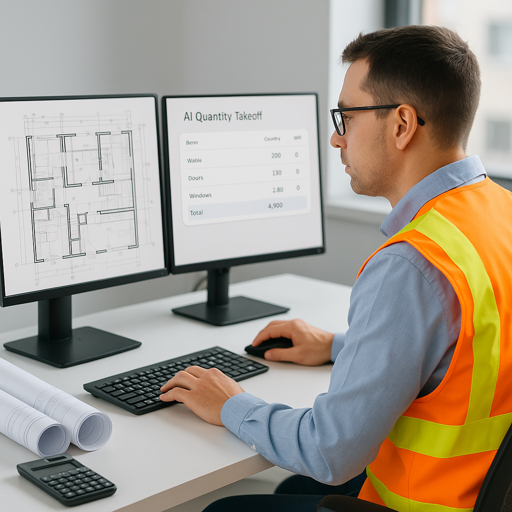 A construction estimator at a desk with drawings on one screen and an AI-powered software interface on another, showing...