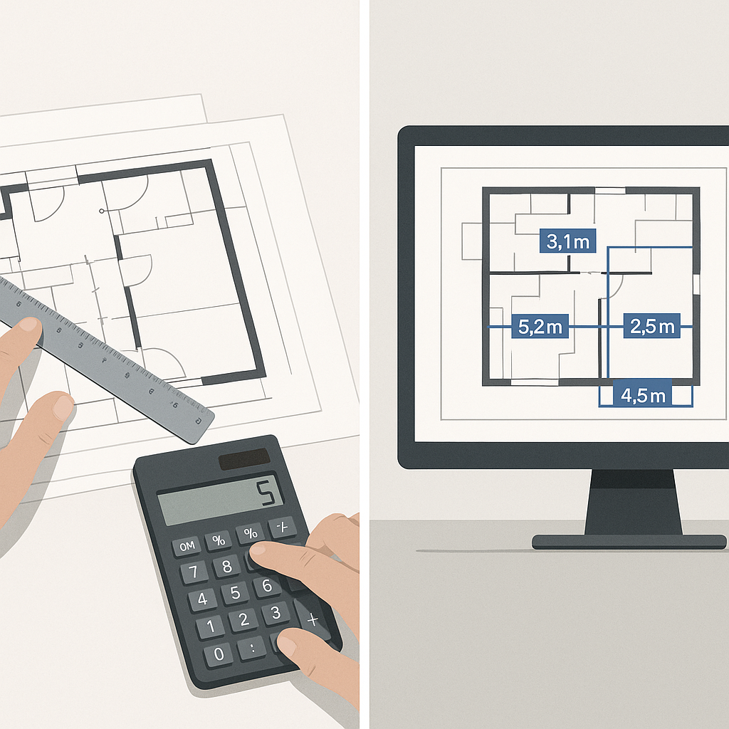 A side-by-side comparison image of a person using manual tools (ruler, paper, calculator) vs. an AI-powered software int...