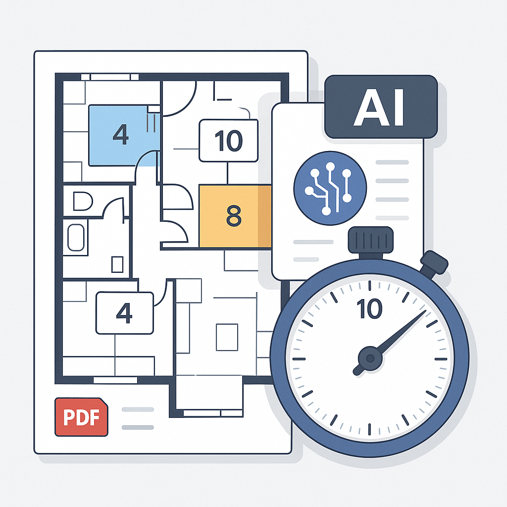 An AI-powered tool analyzing a PDF drawing with highlighted areas and quantities, overlaid with a stopwatch showing 10 m...
