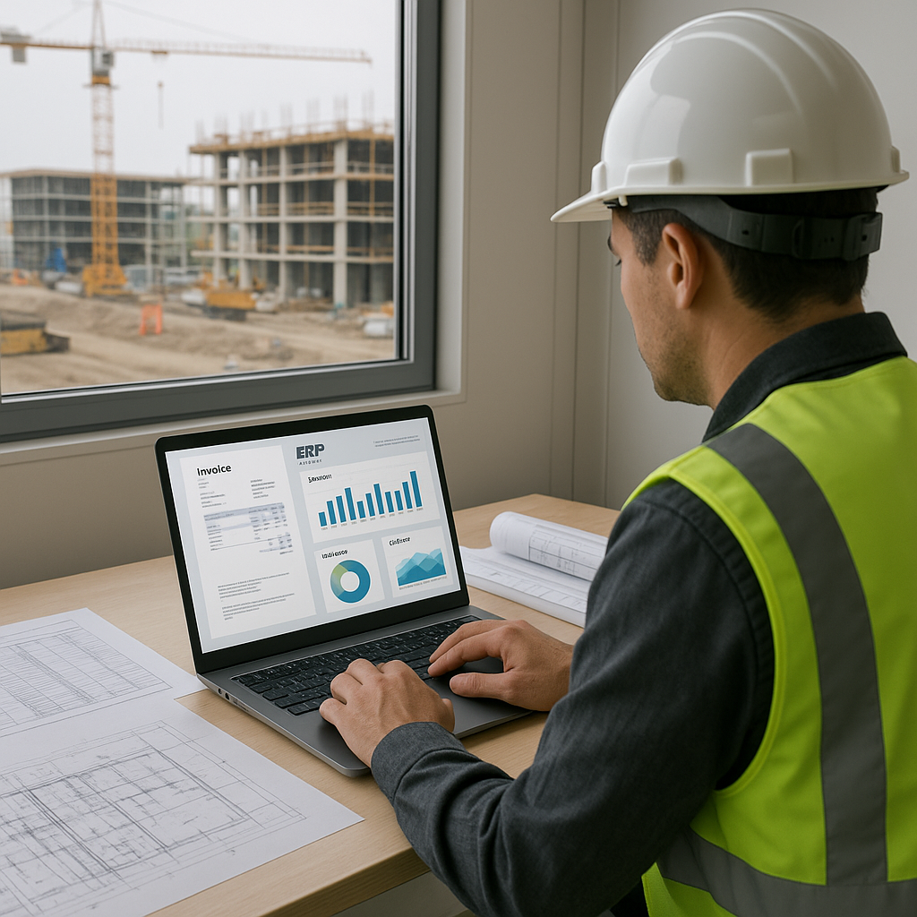 A construction site office with a contractor reviewing invoices on a laptop screen showing a unified ERP dashboard, surr...