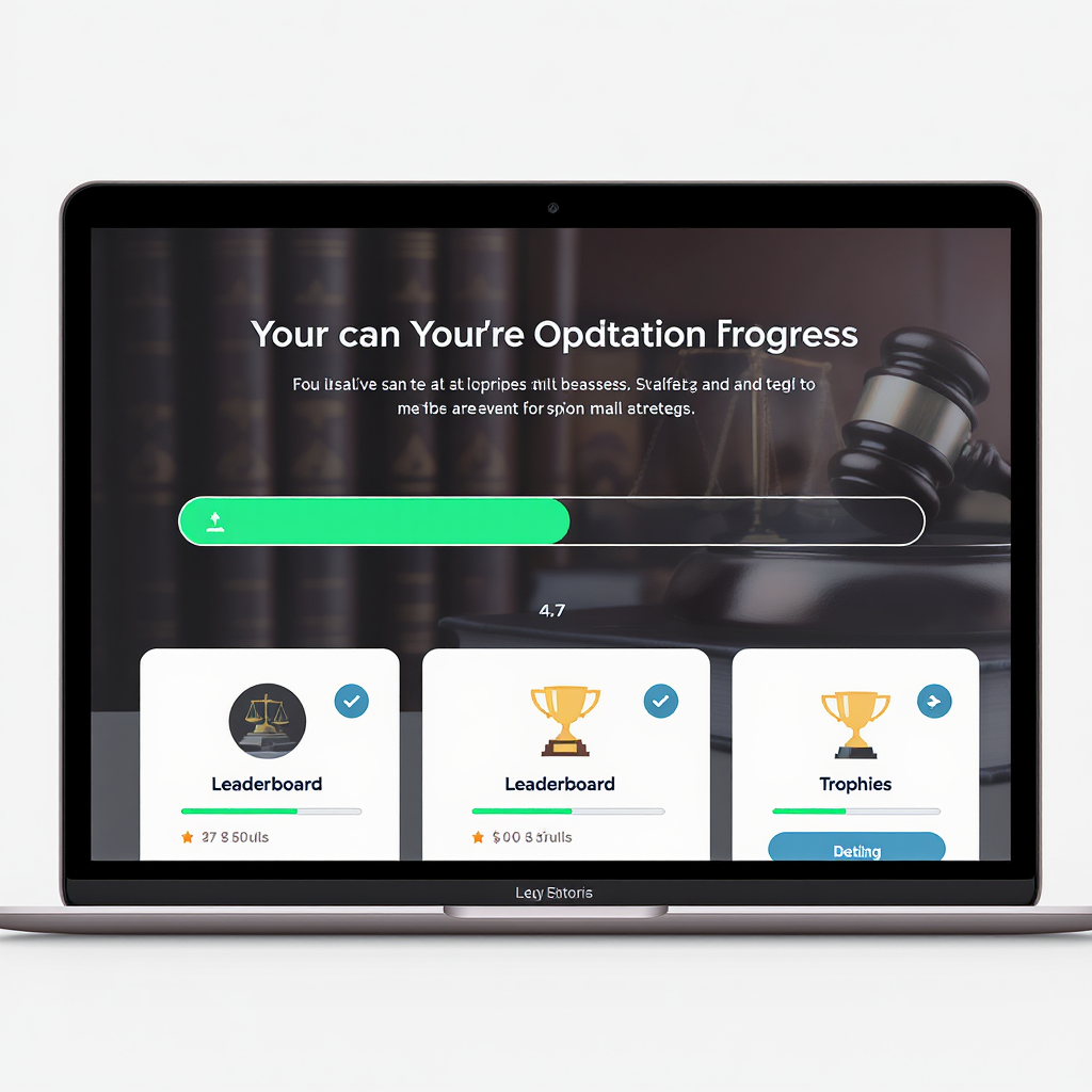 A sleek, modern design featuring a legal-themed gamification interface. Include a progress bar, leaderboard, and digital...