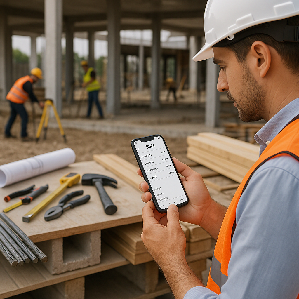 A construction site with a contractor using a mobile app to create a BOQ, featuring a clear view of tools, materials, an...