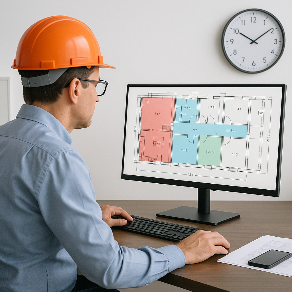 A construction estimator in an office, viewing a digital screen with AI-generated takeoffs from a PDF drawing. Include a...