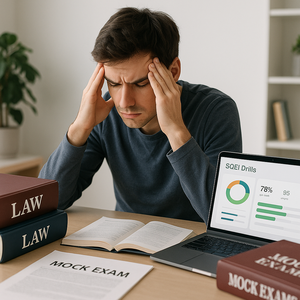A realistic depiction of a frustrated student at their desk, surrounded by law textbooks and mock exams, with a laptop s...