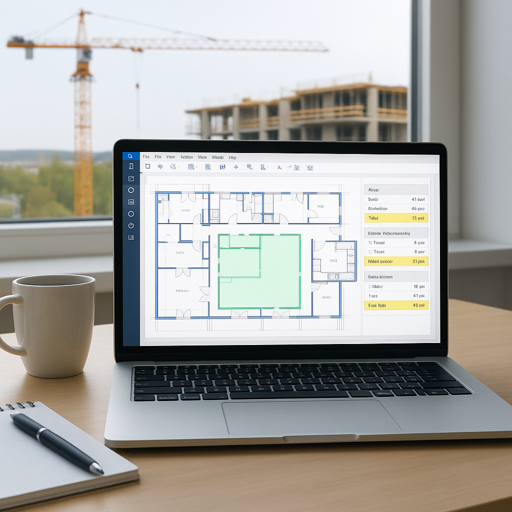 An AI-powered software interface on a laptop screen, showing construction blueprints with automated takeoff data highlig...