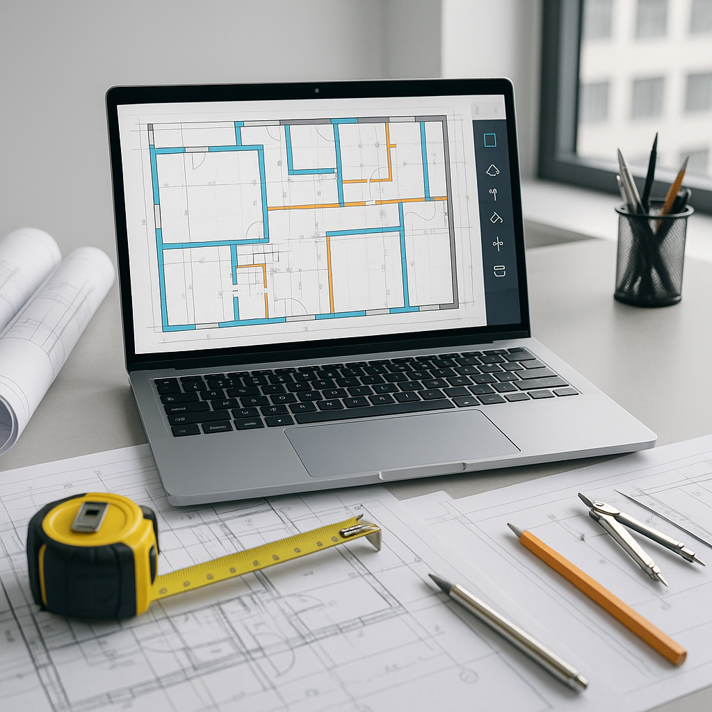 A detailed image of an estimator's desk featuring a laptop with construction drawings on screen, automated AI takeoff so...