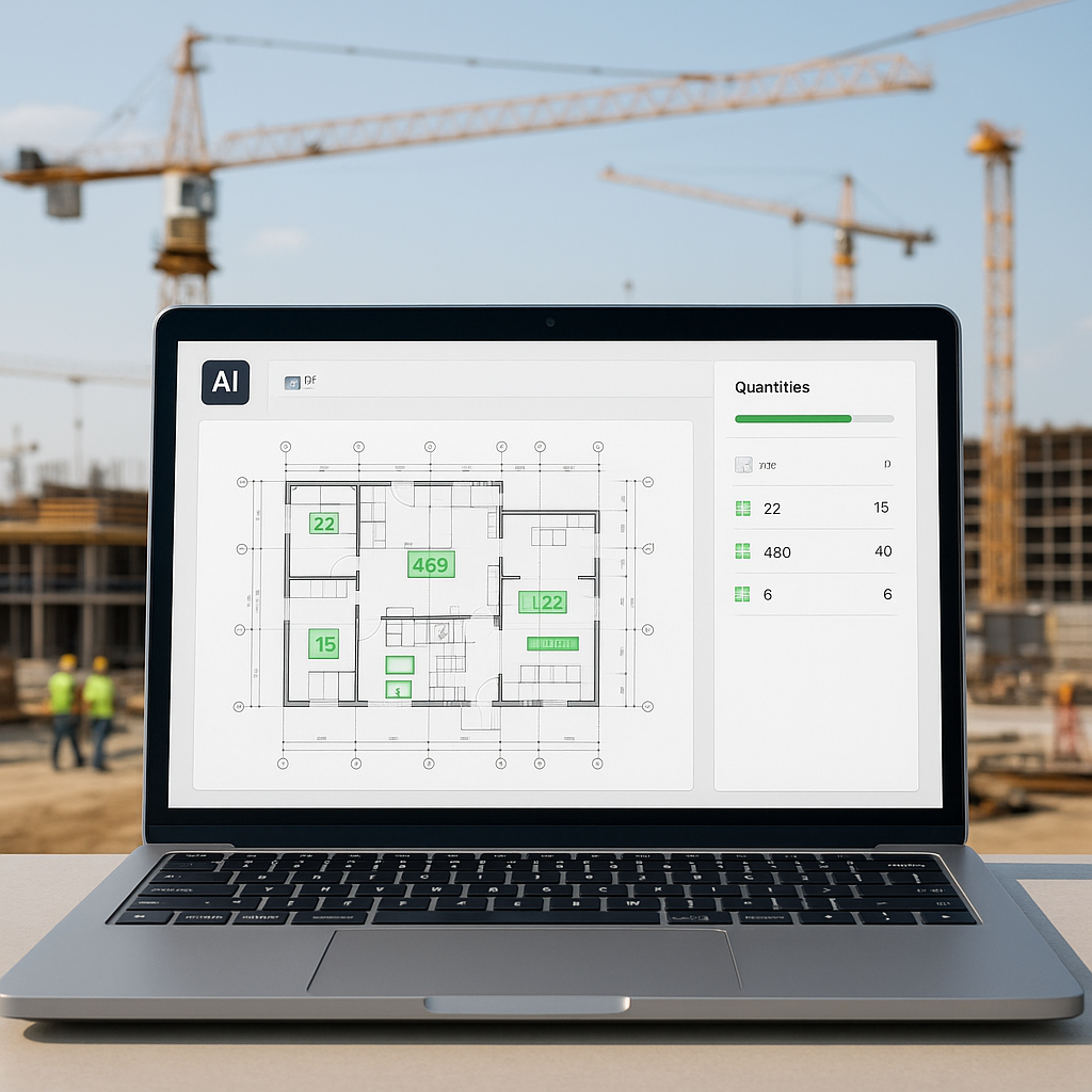 An AI-powered construction estimation interface on a laptop screen, showing a PDF drawing with highlighted quantities an...