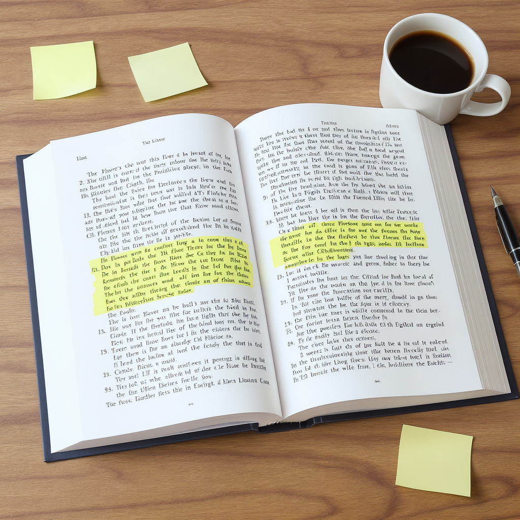 A detailed illustration of an open legal textbook with highlighted sections and notes, surrounded by sticky notes and a...