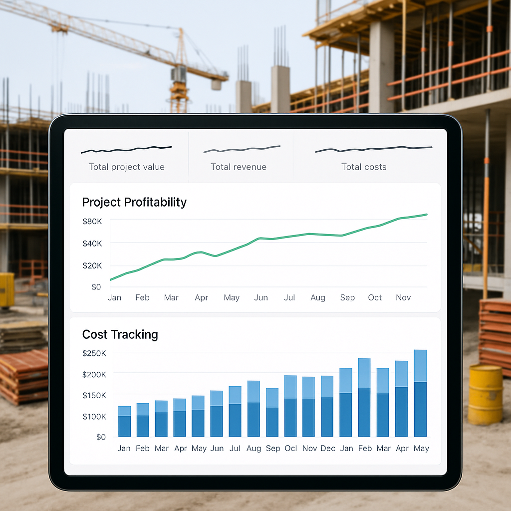 A construction project dashboard on a tablet, with graphs showing real-time project profitability and cost tracking. Bac...