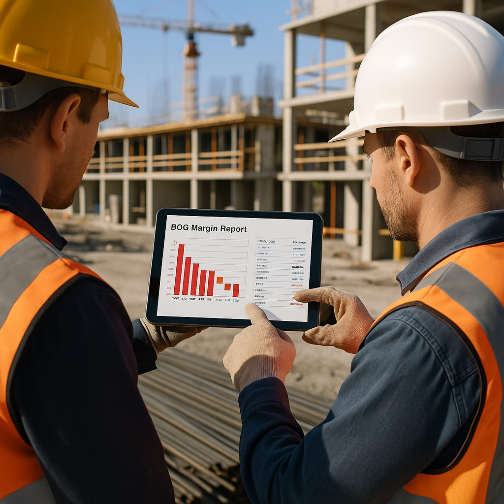 A construction site with workers analyzing a detailed BOQ margin report on a tablet, showcasing a graph with negative ma...