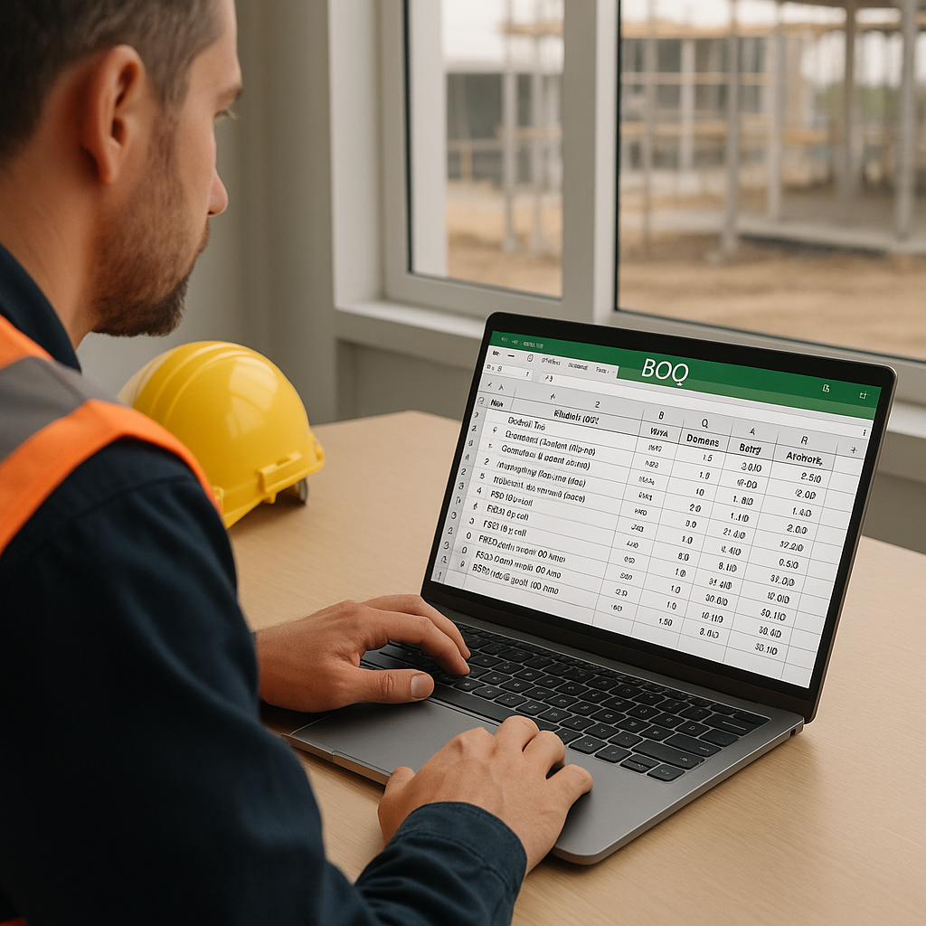 A contractor reviewing a detailed Excel file on a laptop with BOQ rows for civil works like excavation and RCC, set in a...