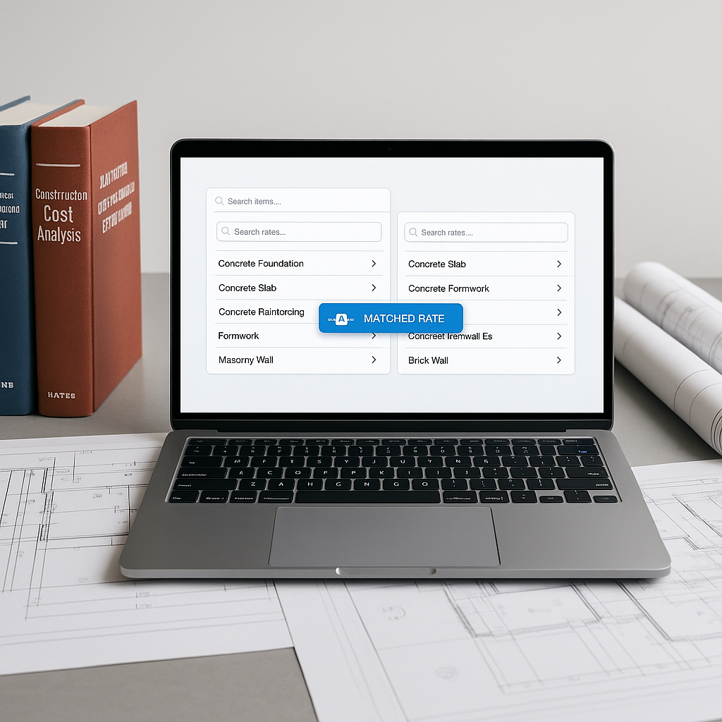 A modern construction estimator's desk with a laptop showing an AI-powered rate matching interface, surrounded by physic...