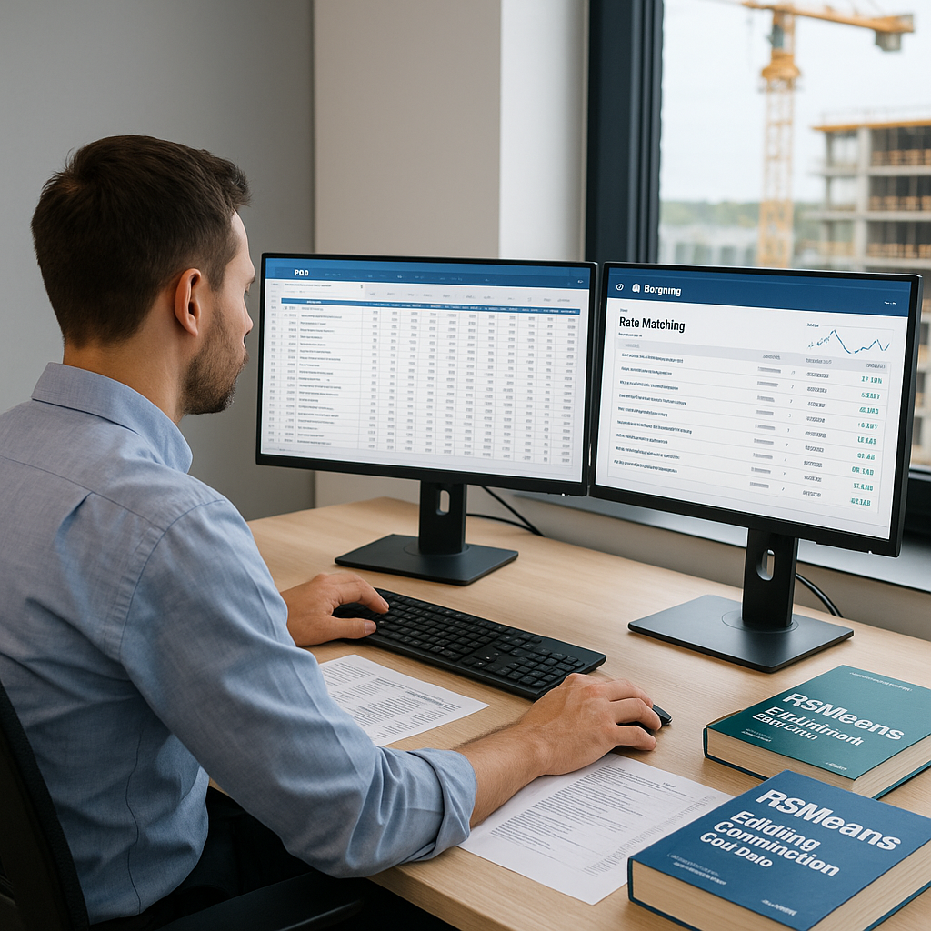 A construction estimator sitting at a desk with multiple monitors. One screen shows a complex BOQ spreadsheet, another s...