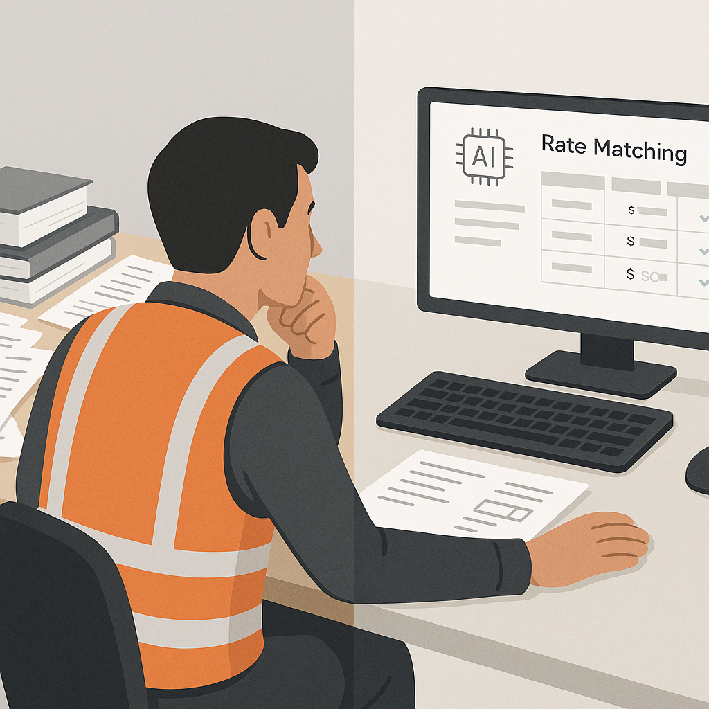 A construction estimator at a desk, comparing a cluttered workspace with papers and books to a clean screen showing an A...