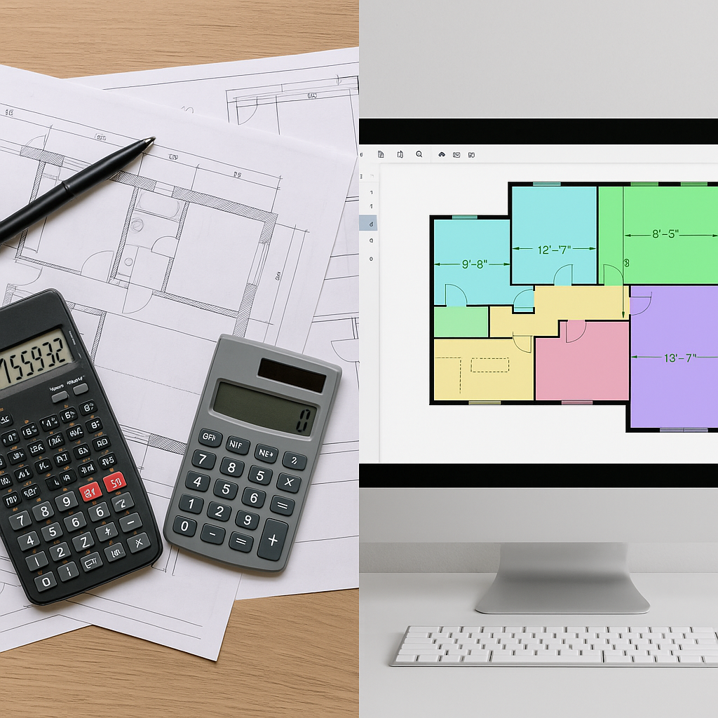A side-by-side comparison: one side showing a cluttered desk with paper blueprints and calculators, the other side showi...