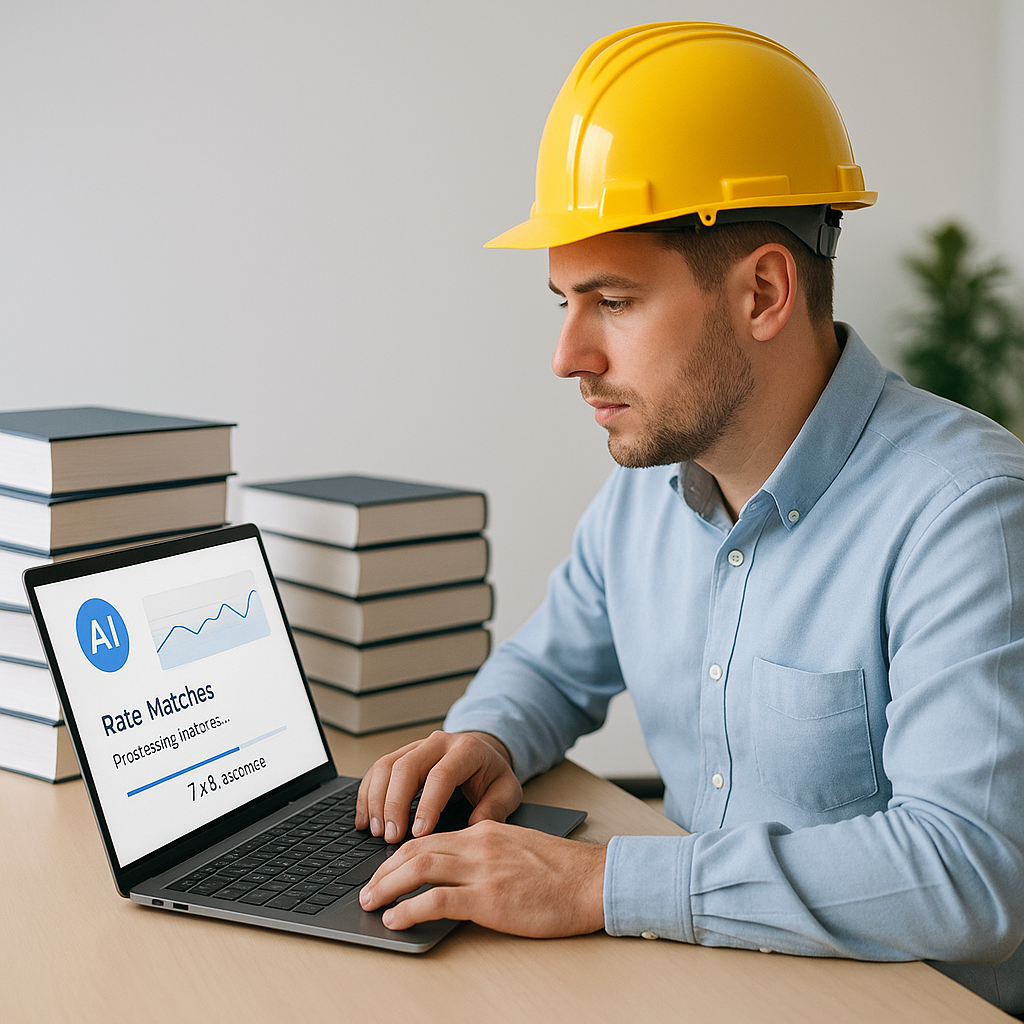 A construction estimator sitting at a desk with a laptop, surrounded by stacks of rate books. The laptop screen shows an...