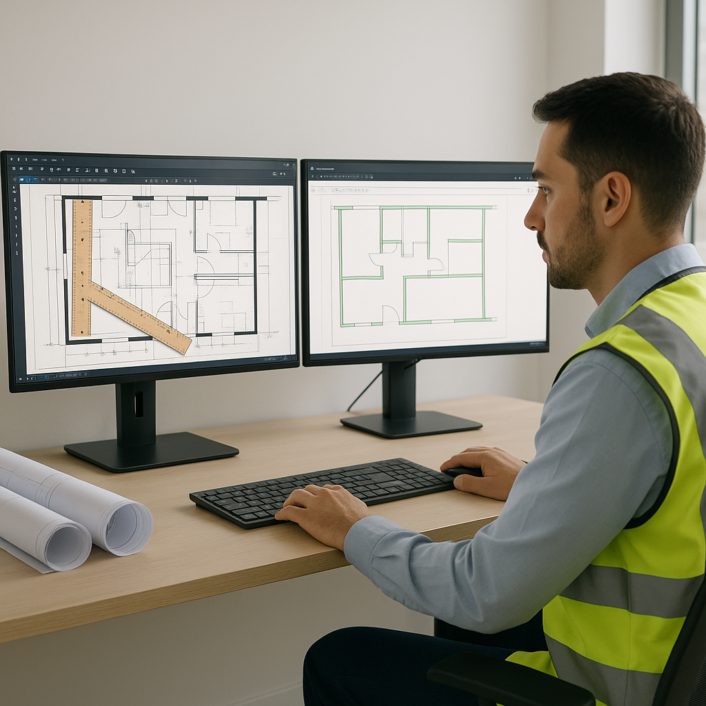 A construction estimator sitting at a desk with dual monitors, one screen showing a 40-hour manual takeoff process with...