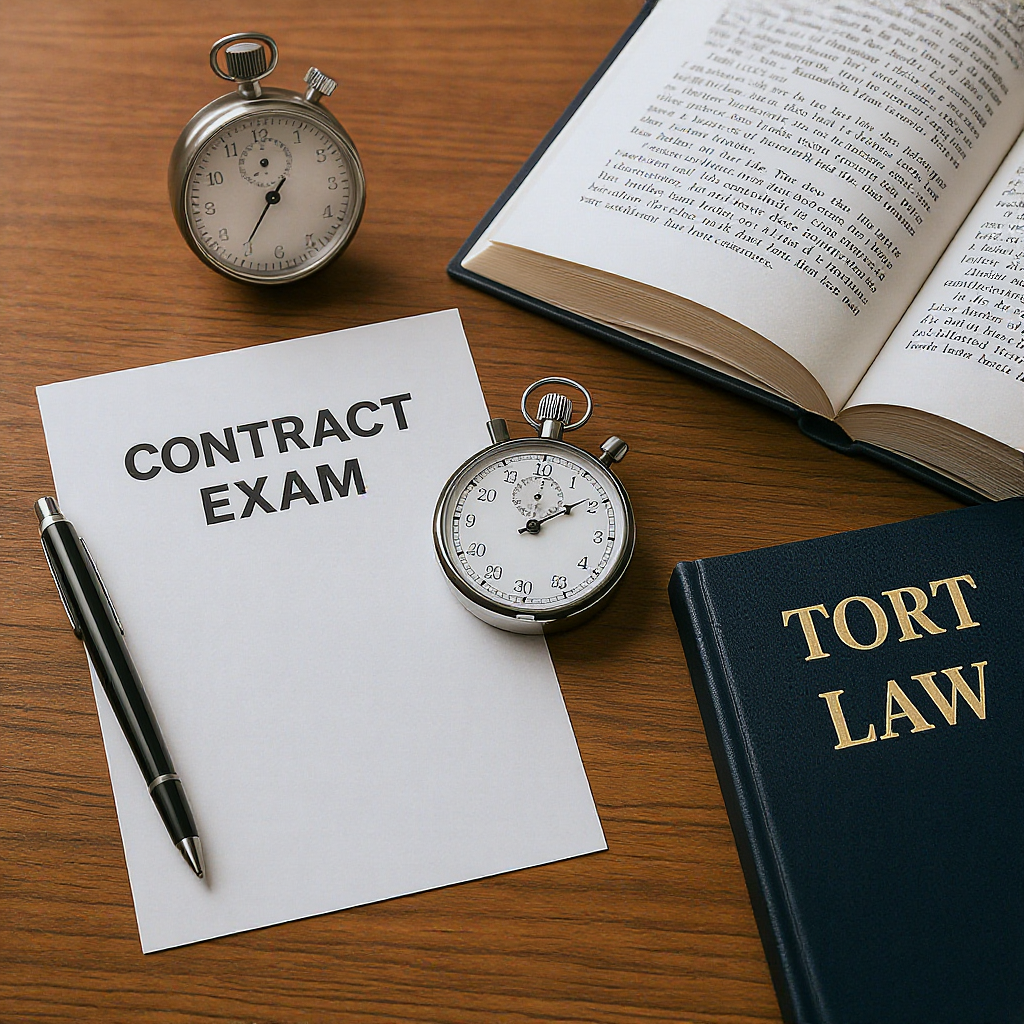 A visually striking image of a desk with timed exam materials, a stopwatch, and legal textbooks open to pages on contrac...