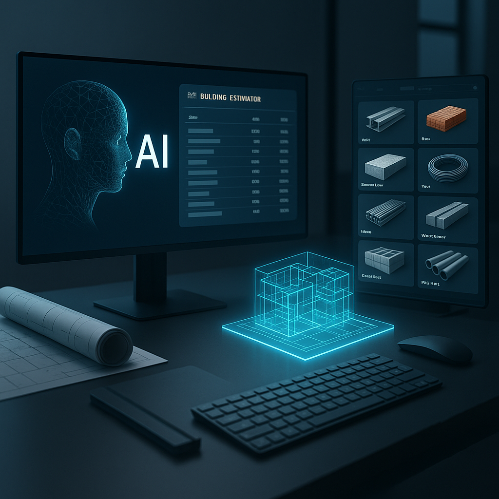 A futuristic construction estimator's workstation featuring an AI interface, digital catalogs, and a holographic BOQ lay...