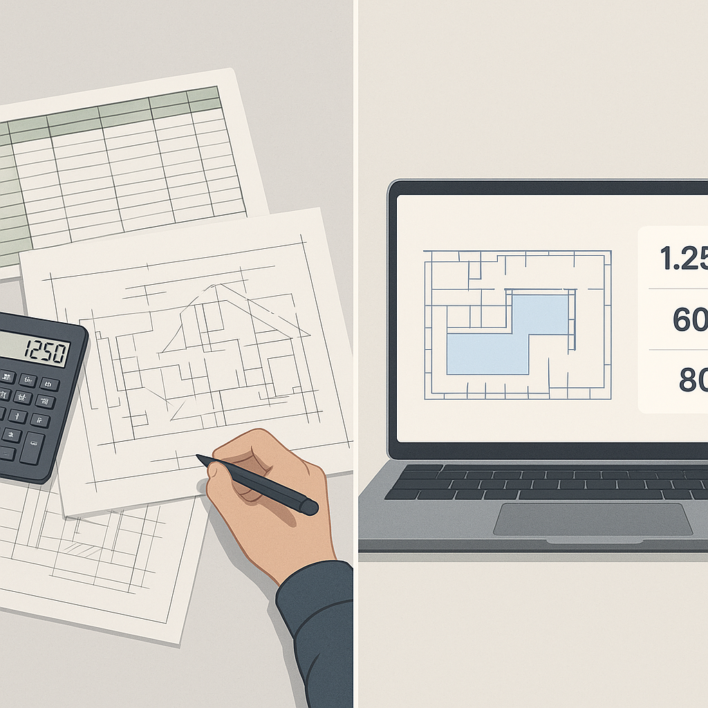 A side-by-side comparison of a manual construction takeoff process (spreadsheets, drawings, calculators) versus an AI-po...