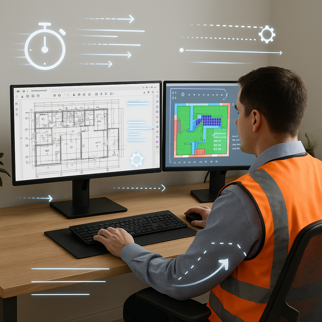 A construction estimator at a desk with dual monitors, one showing a complex PDF drawing set, the other displaying an AI...