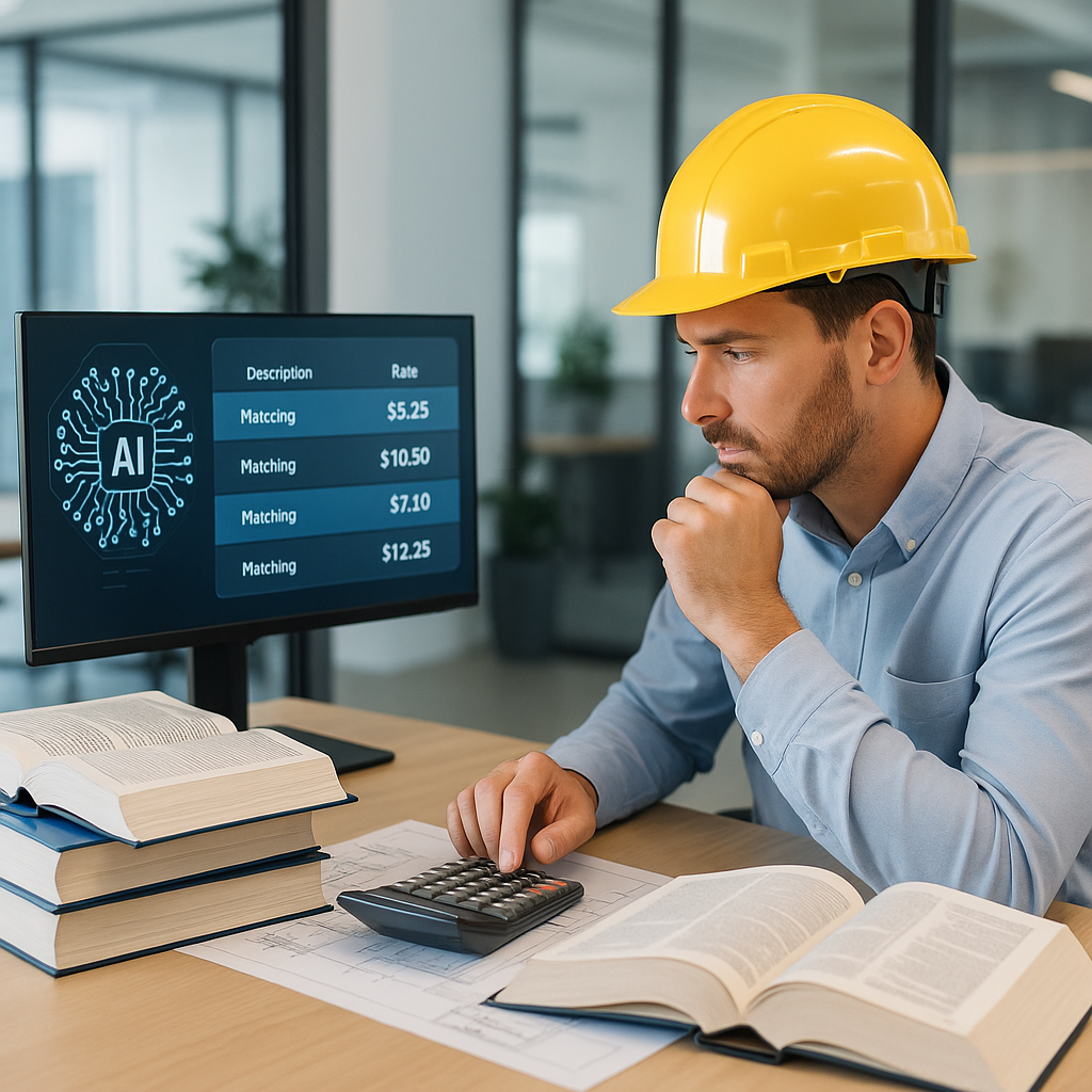 A construction estimator sitting at a desk cluttered with thick rate books, while an AI screen displays matching rates i...
