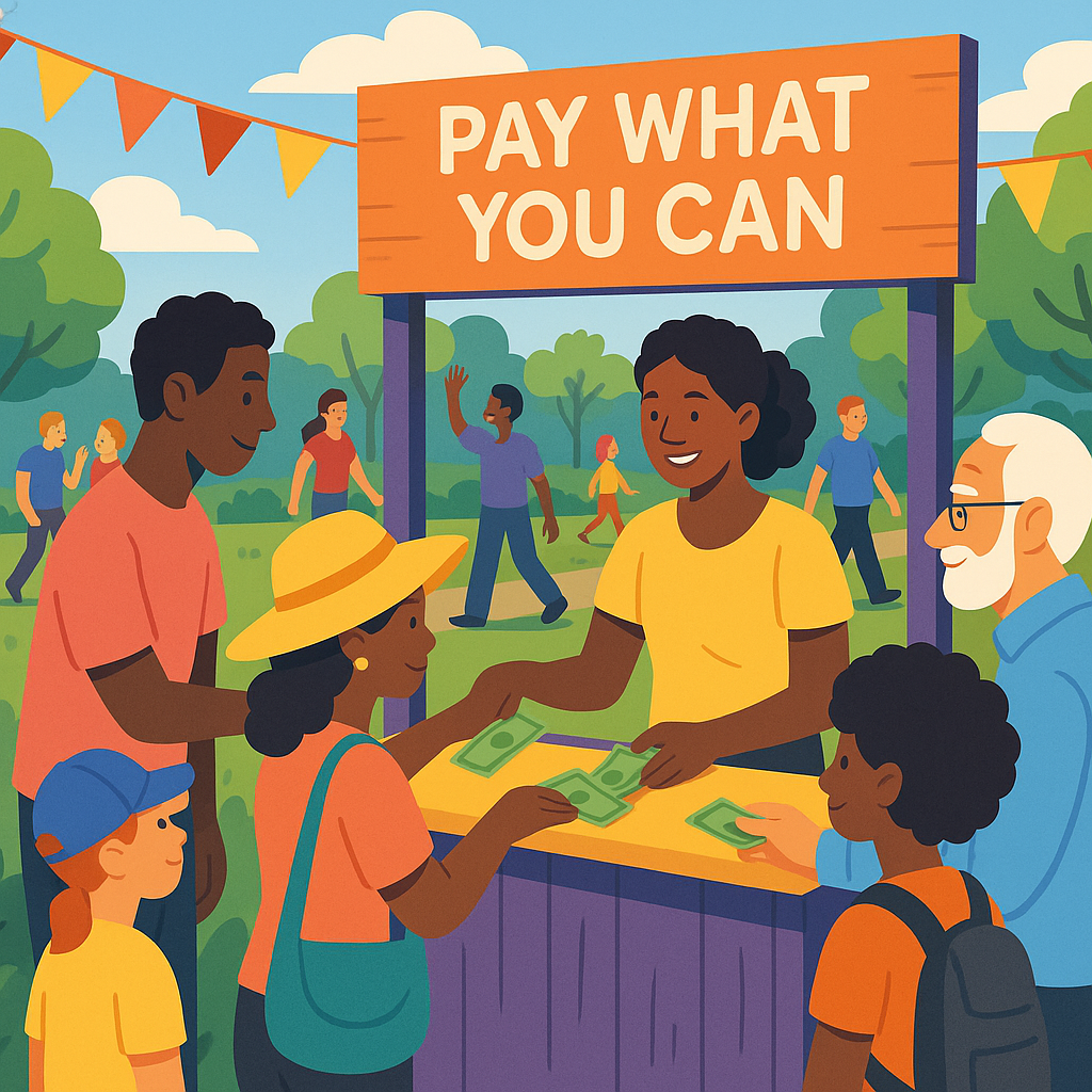 A vibrant illustration of a community event with diverse attendees contributing different amounts at a ticket booth mark...