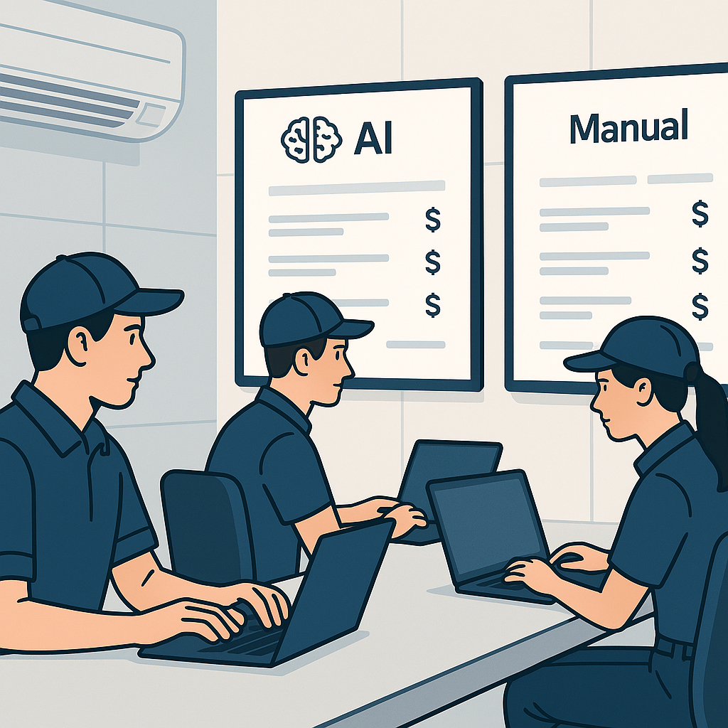 A detailed illustration of an HVAC subcontractor team working on laptops with AI-powered software, showing a side-by-sid...