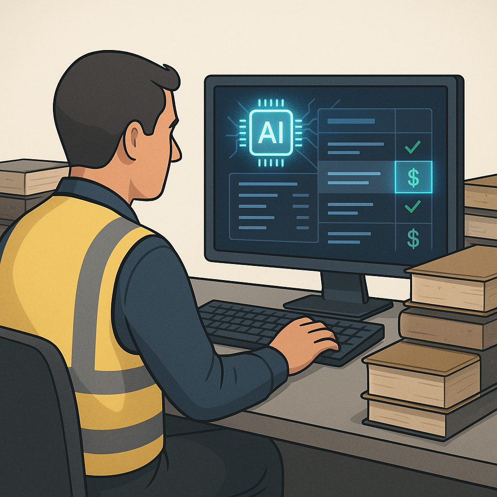 A digital illustration of a construction estimator at their desk, with glowing AI-powered software on their screen autom...