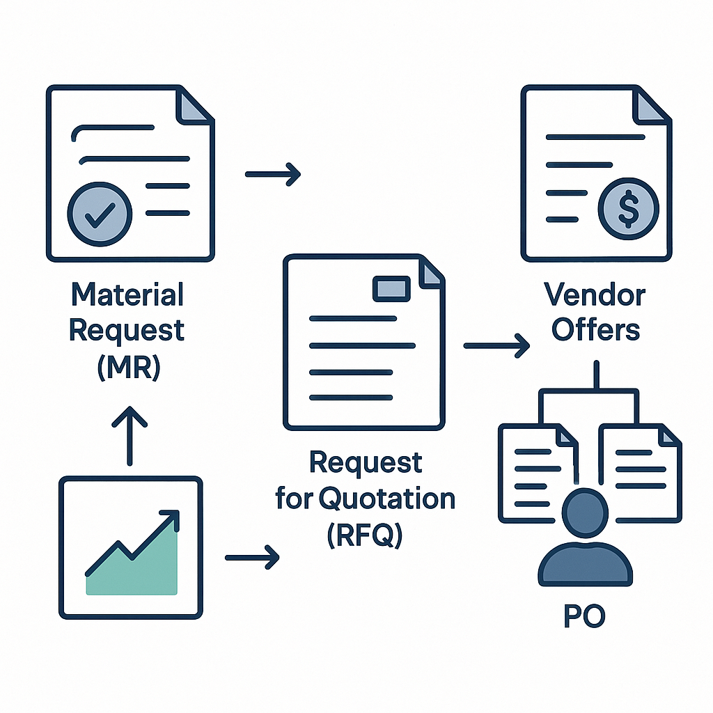 An illustrated workflow diagram of a structured procurement process, showing stages like Material Request (MR), RFQ, Ven...