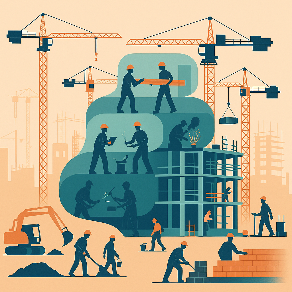 A detailed illustration of a mega-construction site with cranes, workers, and layered subcontractor workflows overlaid l...