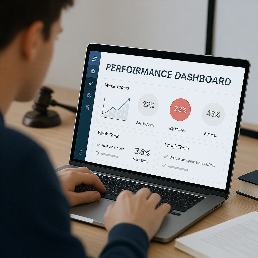 A student reviewing a digital performance dashboard on a laptop, highlighting weak topic areas in a legal exam context,...