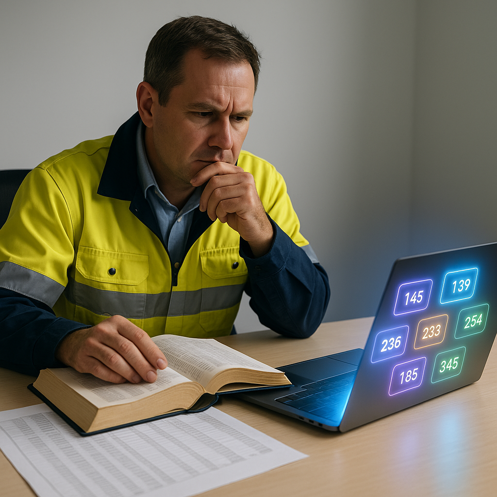 A construction estimator sitting at a desk, surrounded by thick rate books and spreadsheets, contrasted with a glowing l...