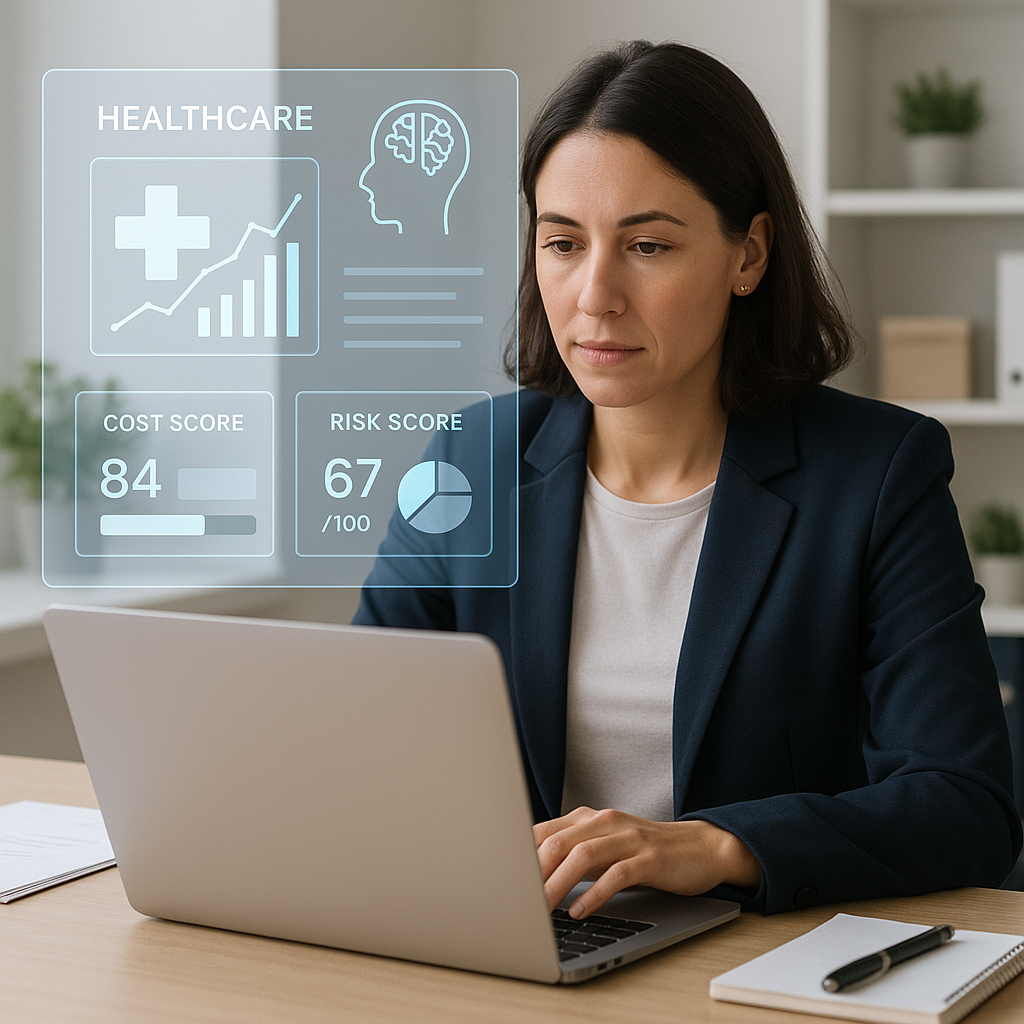 An HR professional sitting at a desk analyzing healthcare data on a laptop, with a transparent overlay showing AI-driven...