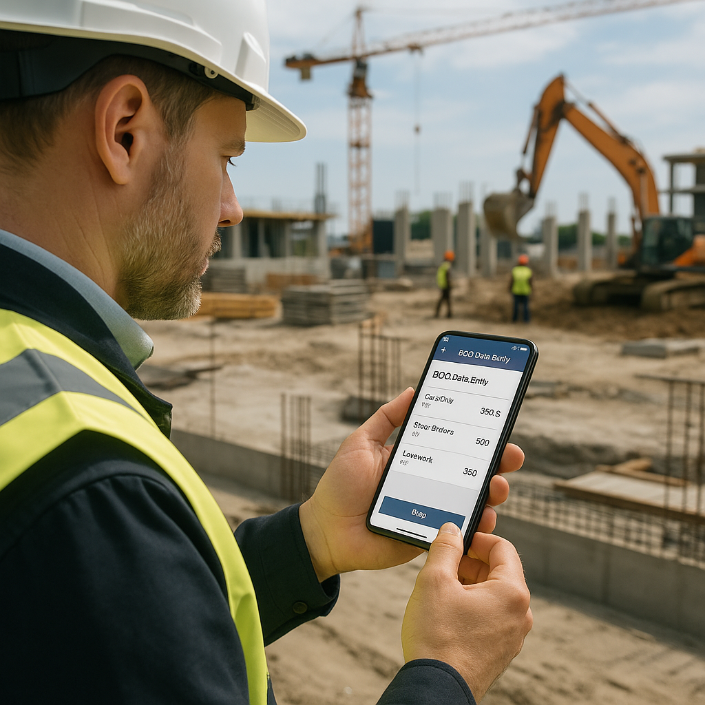 A construction supervisor using a mobile app at a site survey, with visible BOQ data entry on the phone screen. Backgrou...