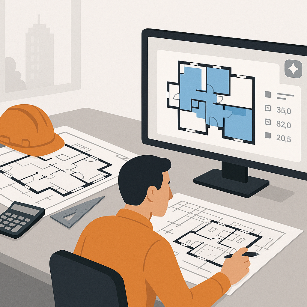 An illustration of a construction estimator at a desk comparing a cluttered manual drawing setup with an AI interface di...