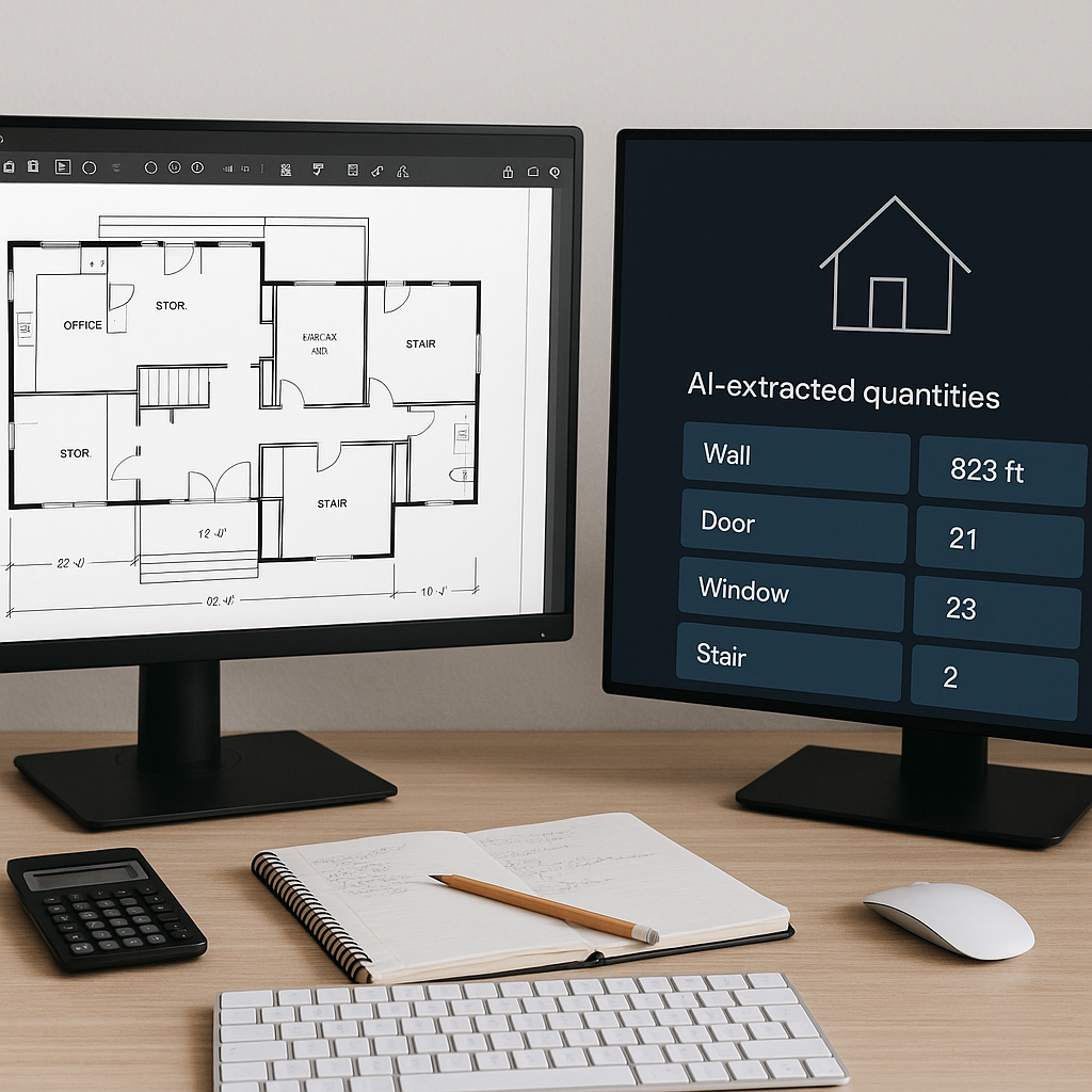 A construction estimator's desk with PDF drawings on one screen and AI software on another, highlighting AI-extracted qu...