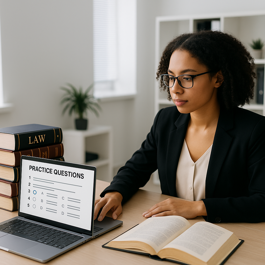 A paralegal at a desk surrounded by legal textbooks, studying on a laptop with digital practice questions displayed, in...