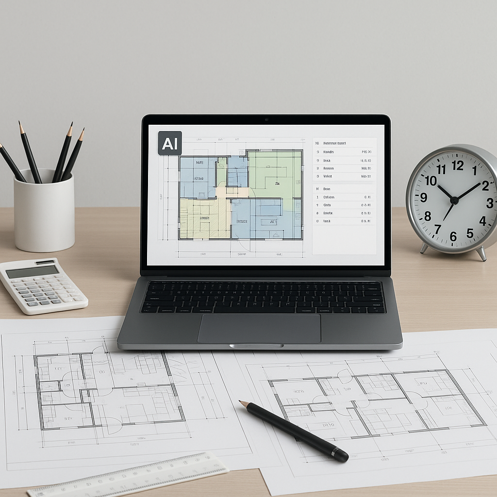 An estimator's desk with blueprints, a laptop displaying AI-powered takeoff software, and a clock showing 10 minutes. Mo...