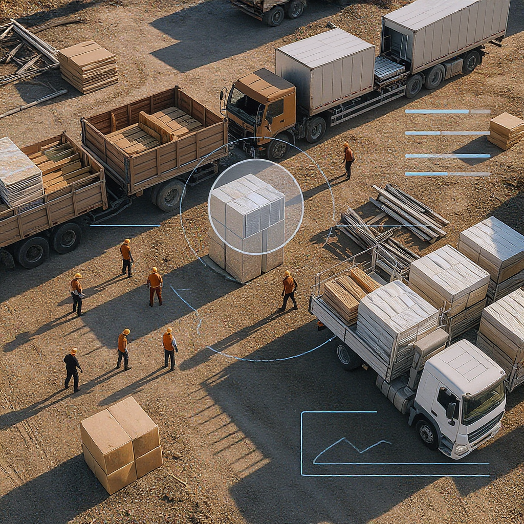 An overhead view of a construction site with workers unloading materials from trucks, overlayed with a digital interface...