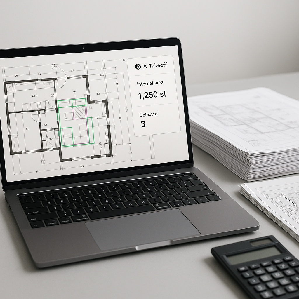 A construction estimator's desk with a laptop showing an AI-powered takeoff tool analyzing PDF blueprints, side-by-side...