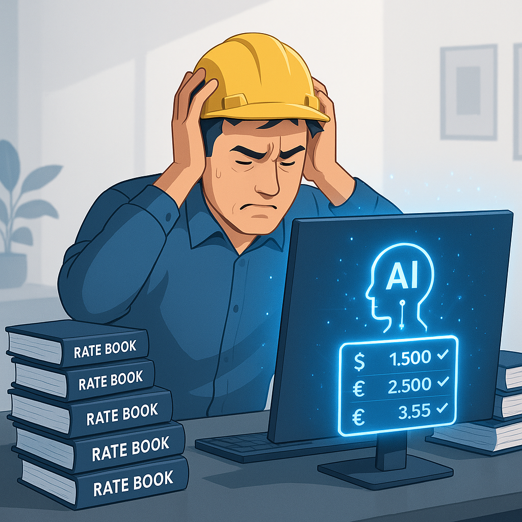 A frustrated construction estimator surrounded by stacks of rate books, with a glowing AI interface showing instant rate...