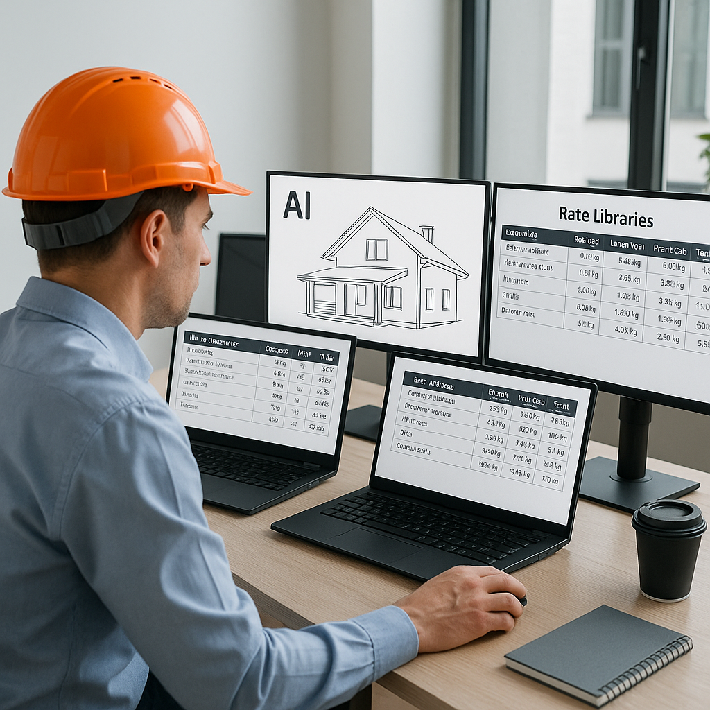 A construction estimator at a desk with AI-powered software displaying a BOQ breakdown and rate libraries on multiple mo...