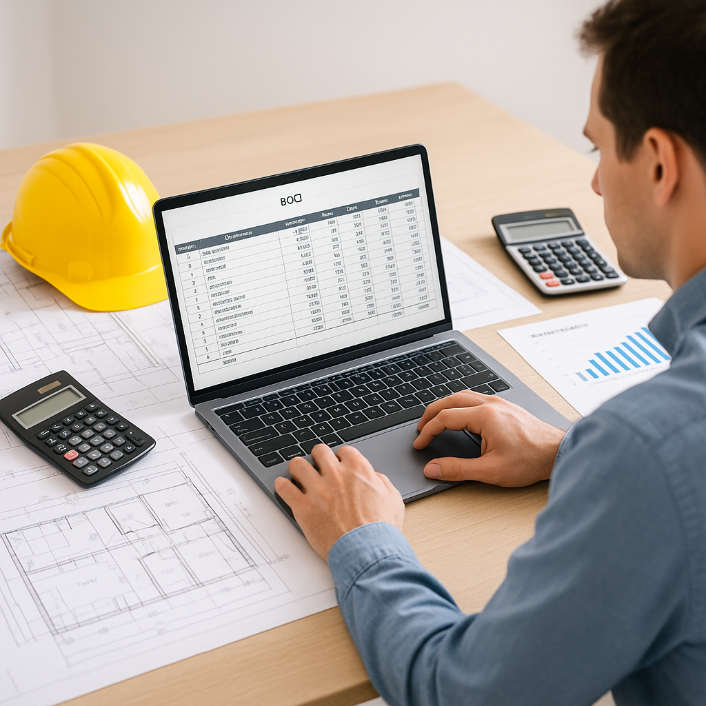A construction estimator working on a laptop with a BOQ breakdown on screen, surrounded by blueprints, calculators, and...