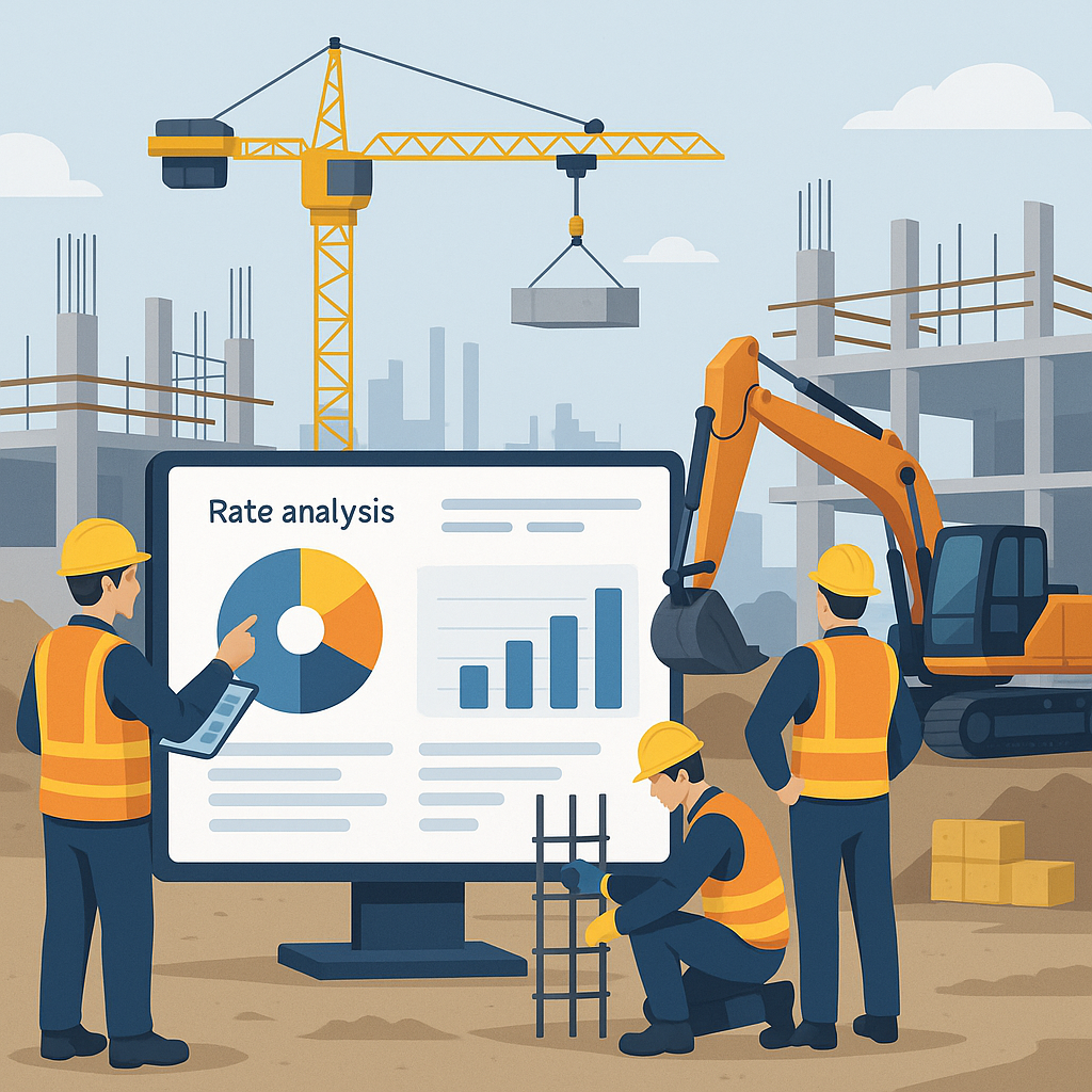 A detailed rendering of a construction site with workers, equipment, and a digital dashboard showing rate analysis in pr...
