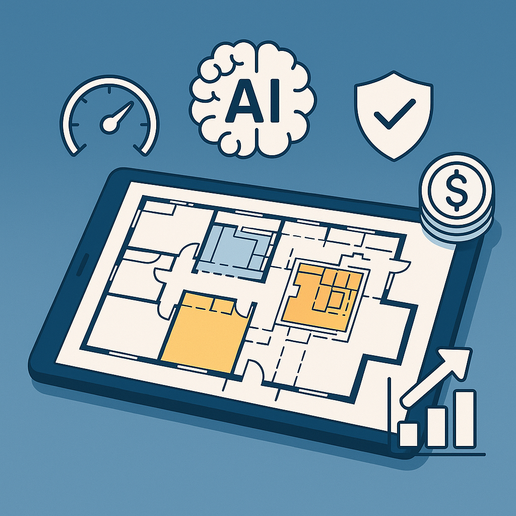 A detailed illustration of an AI-powered construction estimation workflow: a tablet displaying a building blueprint with...